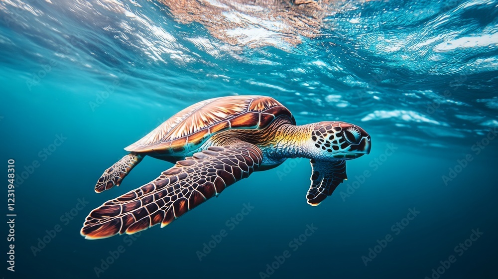 Poster A serene image of a sea turtle floating near the surface of the water, with its flippers extended and the surrounding ocean creating a tranquil atmosphere.