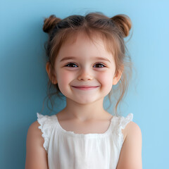 Adorable toddler girl with double buns hairstyle smiling against a light blue background