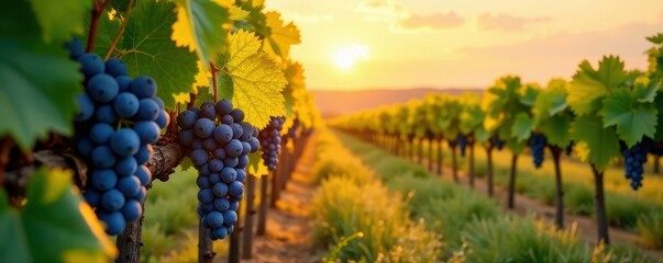 Grape vines against a backdrop of warm orange hues, greens, vines