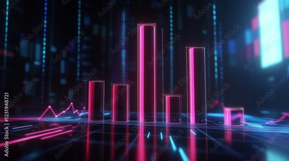Aufkleber a set of glossy d bars rising dramatically from a financial dashboard, with neon highlights and subt