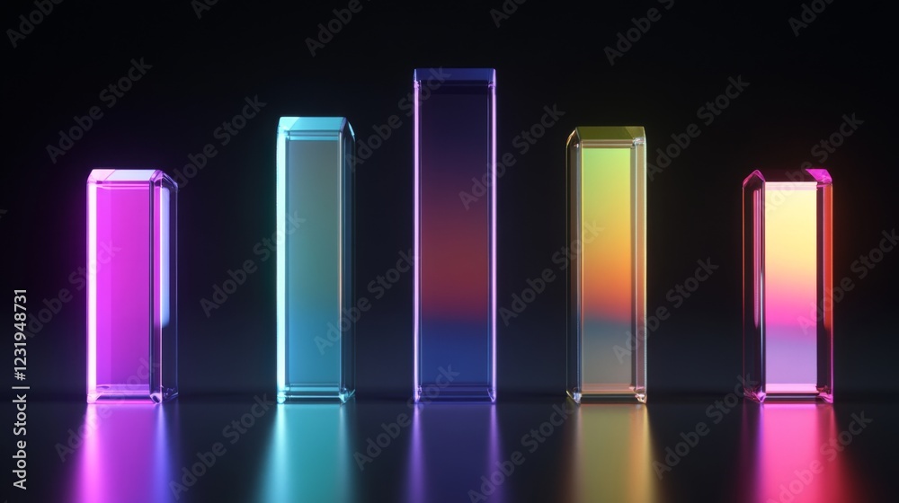 Poster a set of glossy d bars rising dramatically from a financial dashboard, with neon highlights and subt