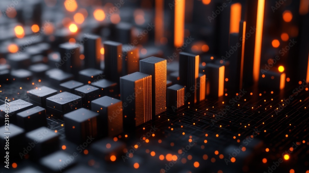 Aufkleber A set of metallic D bars in a financial chart rising steadily in height, with a dark, futuristic background and glowing digital data points floating around