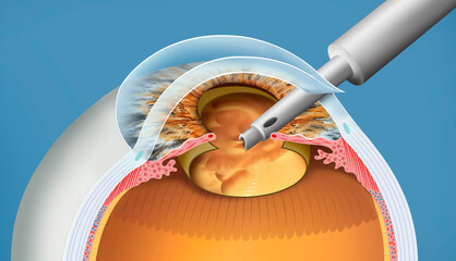 Descriptive illustration on the extraction of the lens in cataracts. This removes the opaque lens of the eye, allowing an intraocular lens to be implanted and restore vision.