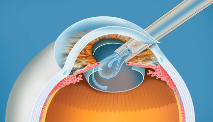 Descriptive illustration of the implantation of the intraocular lens. This replaces the opaque crystalline lens, improving vision after cataract surgery, using a precise and safe technique.