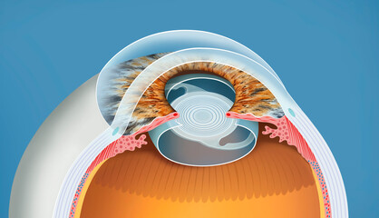 Descriptive illustration on the implanted intraocular lens. The opaque lens has been replaced and restored after cataract surgery, with biocompatible materials and permanent focus.