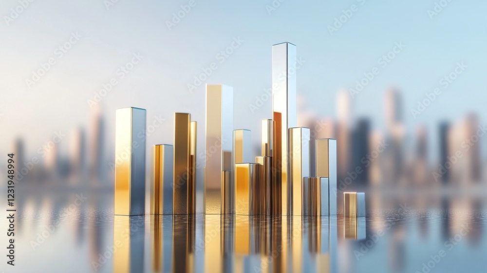 Poster a set of metallic d bar graphs in gold and silver colors, standing tall on a reflective surface, rep