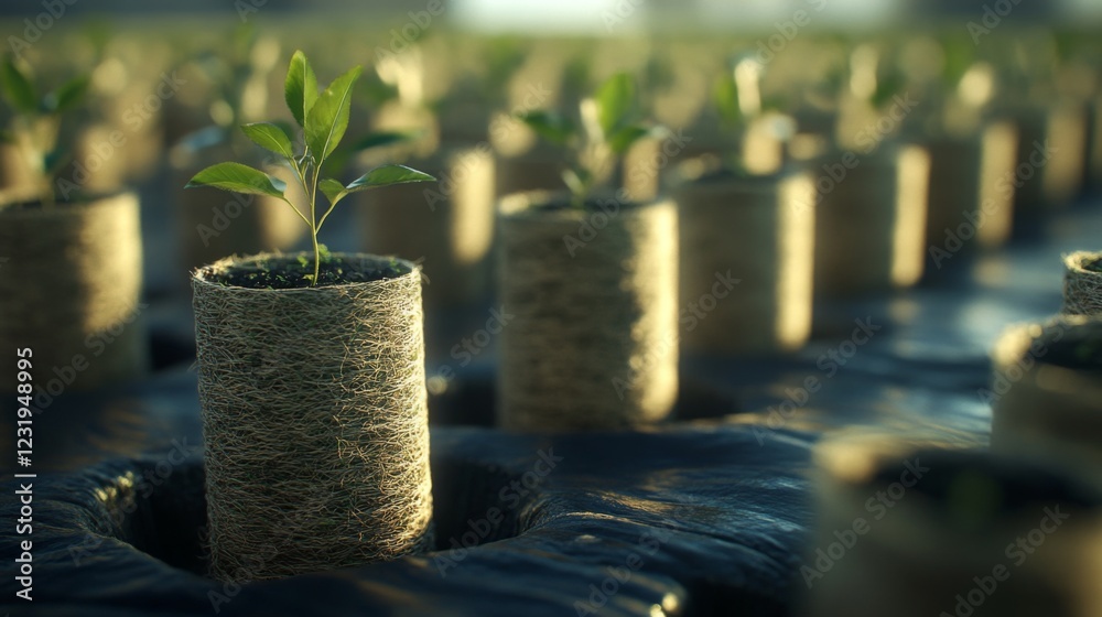 Poster a shot of young trees growing in biodegradable pots arranged neatly on the ground, ready for plantin
