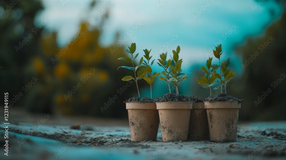 Poster a shot of young trees growing in biodegradable pots arranged neatly on the ground, ready for plantin