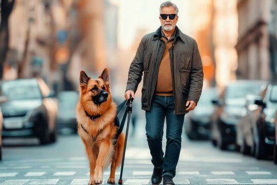 A german shepherd guide dog supports a man wearing dark glasses while crossing a bustling street filled with cars and pedestrians