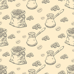 Engraving, bag of coffee beans, vector illustration in color and line sketch of seamless pattern