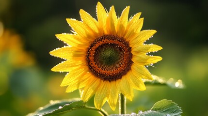 Obraz premium A single sunflower with dew drops on its bright yellow petals, captured in the morning light, with the droplets adding a fresh and lively touch.
