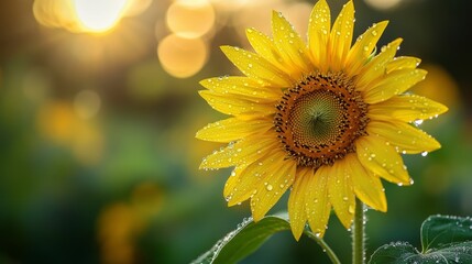 Fototapeta premium A single sunflower with dew drops on its bright yellow petals, captured in the morning light, with the droplets adding a fresh and lively touch.