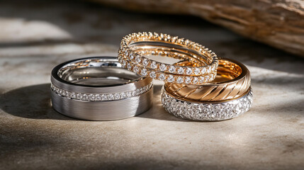 Elegant platinum or white gold wedding bands in diverse designs. Traditional rounded pairs, modern lined patterns and intricate geometric shapes. Brushed silver rings with brilliant highlights.