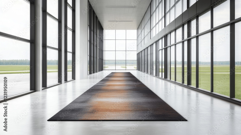 Poster a spacious modern hallway featuring sleek design elements, large windows allowing natural light to f
