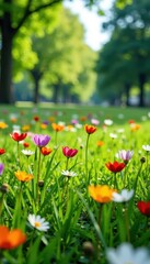 Fototapeta premium Overgrown lawn with colorful wildflowers and tall grass swaying in spring breeze, may, overgrowth