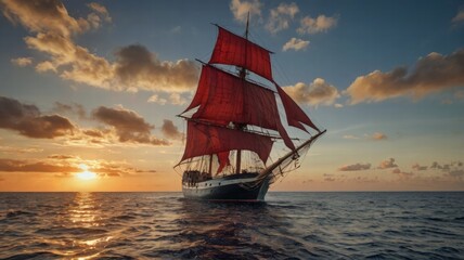 Majestic Sailing Ship with Red Sails on the Ocean at Sunset  

