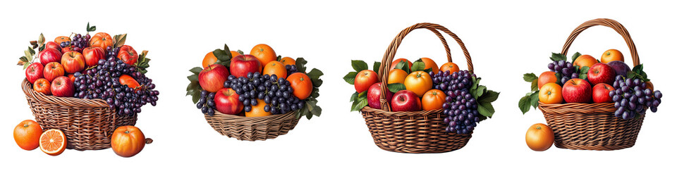 set of A basket of fresh apples, oranges and grapes, A fruit basket of apples, oranges and, grapes, A basket filled with fresh apples, oranges and grapes, on a transparent backgrounds