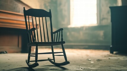 A solitary rocking chair sits in a dimly lit, abandoned room, evoking a sense of nostalgia and tranquility amidst the dust and shadows.