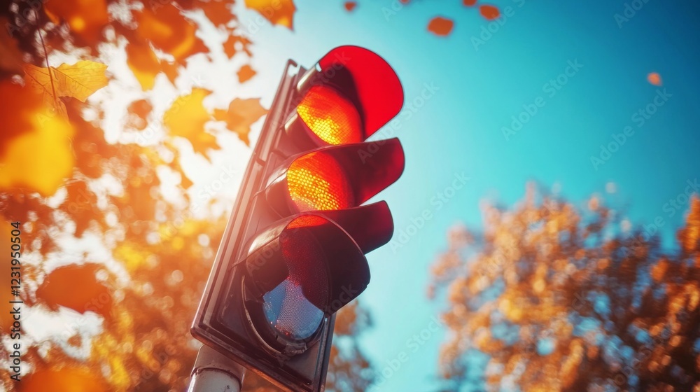 Poster a striking image of a traffic light at a quiet intersection, with a bright red light glowing against