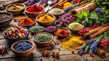 Fototapeta premium Various colorful spices on wooden table with aromatic herbs and dried flowers arranged artfully