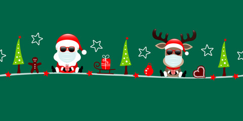 Banner Weihnachtsmann Und Rentier Maske Mit Sonnenbrille Icons Dunkelgrün