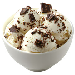 vanilla ice-cream scoops with chocolate chips in white bowl isolated on transparent png 