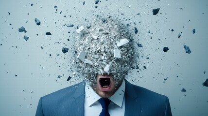 A business man screams as hisbusiness mand explodes into fragments, symbolizing stress or pressure in a dramatic, surreal manner.