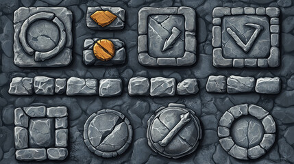 Stone rock ui game interface button cartoon vector. Circle, arrow, loading bar, plate and progress slider isolated icon for user menu medieval design. Plaque texture and panel info antique 2d kit
