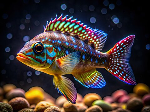 Underwater close-up of a young Giraffe Hap and Nimbochromis Venustus, Malawi cichlids against a black backdrop.