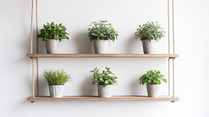 Wooden shelves hanging on ropes with plants in ceramics pots. Front racks on white wall background. Interior design element for room decoration, home ledges furniture, Realistic 3d vector illustration