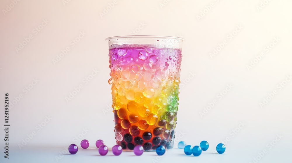Poster A transparent cup of bubble tea with colorful boba pearls, placed in the center of a white background, with the drink's layers and textures clearly defined.
