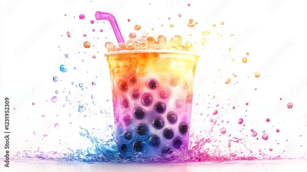 Poster A transparent cup of bubble tea with colorful boba pearls, placed in the center of a white background, with the drink's layers and textures clearly defined.