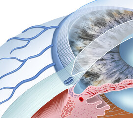 Diagram of the aqueous humor drainage system from the eye. This regulates intraocular pressure, and passes through the trabeculum and Schlemm's canal, preventing glaucoma.