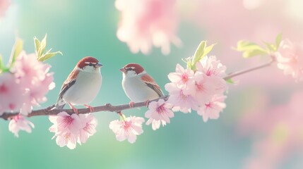 Fototapeta premium Two sparrows are perching on a cherry blossom branch, enjoying the beauty of springtime nature with delicate pink flowers and soft, dreamy lighting