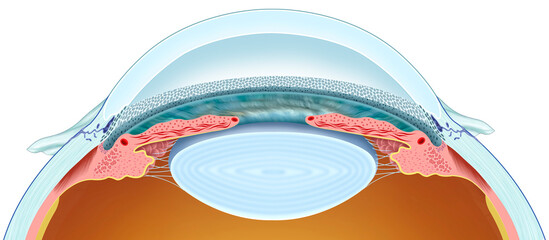 Schematic representation of aqueous humor drainage. This regulates intraocular pressure, and passes through the trabeculum and Schlemm's canal, preventing glaucoma.