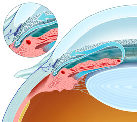 Diagram of aqueous humor drainage from the eye. This regulates intraocular pressure, and passes through the trabeculum and Schlemm's canal, preventing glaucoma.