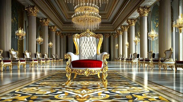 An imposing king's throne, its armrests shaped like guardian lions and its upholstery rich with gold embroidery, stands as the epitome of royal grandeur in a hall with cascading ch