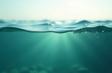 Obraz premium Half-underwater split view of turquoise ocean water with air bubbles and sunbeams