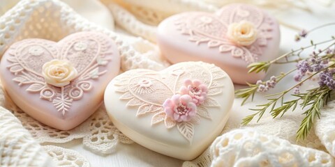 Fototapeta premium Heart-Shaped Delicate Confections Adorned with Lace and Flowers Resting on Lacy Fabric