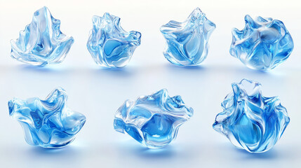 Obraz premium 3d water ice cube piece isolated realistic vector. Translucent blue frozen cocktail drink object set. Clear glacial aqua beverage collection. Clear cold and frosty crystal bubble with light reflection