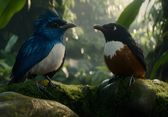 Fototapeta premium Two birds perched on mossy branches, one blue and the other brown with white spots, bathed in golden hour lighting, a photorealistic, cinematic scene. 