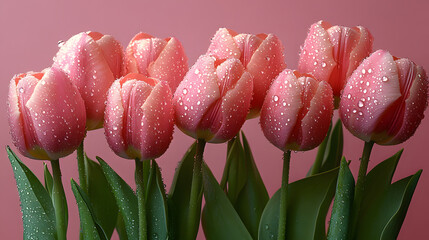 Fototapeta premium Pink flowers are arranged in a row, with their stems sticking out of the ground. The flowers are tall and slender, with green leaves at the bottom