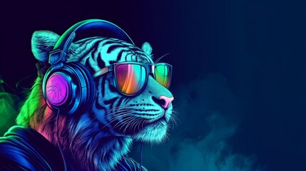 Neon Party DJ Tiger with Headphones and Sunglasses, Nightlife and Music Concept Illustration