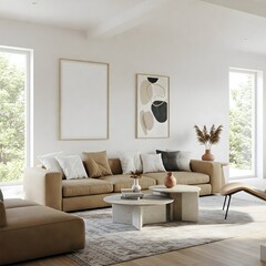 Fototapeta premium A bright and airy living room bathed in natural light from large,paned windows overlooking a lush garden. The room is anchored by a plush, light colour sectional sofa adorned with soft, neutral pillow