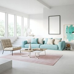 Fototapeta premium A bright and airy living room bathed in natural light from large,paned windows overlooking a lush garden. The room is anchored by a plush, light colour sectional sofa adorned with soft, neutral pillow