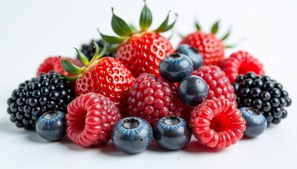 Mixed Fresh Berries Artfully Arranged on Clean White Surface