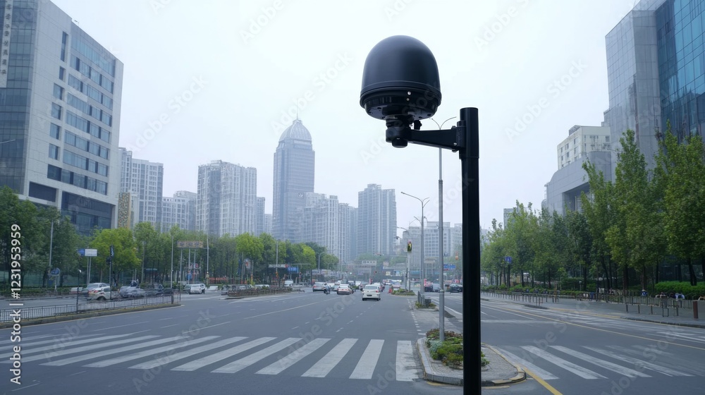 Poster A wide-angle view of a CCTV camera on a pole near an empty intersection in a quiet business district, with minimal traffic and modern buildings in the background
