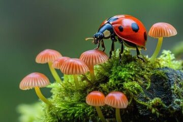 Fototapeta premium Ladybug walking on moss towards pink mushrooms in forest
