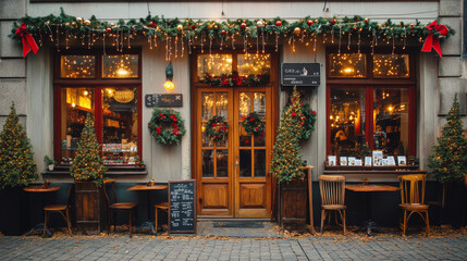 Coffee shop exterior in winter. Vector cartoon illustration of city cafe facade decorated with colorful garland, large window and wooden door, Christmas discount announcement on street sidewalk