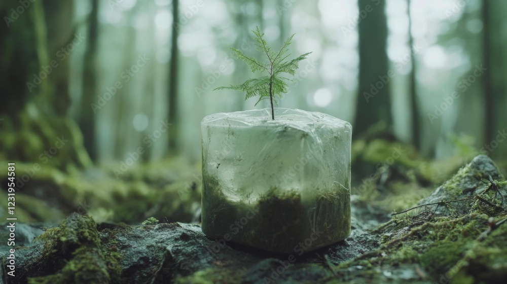 Poster Close-up of a small tree growing out of a biodegradable seedling container placed on the forest floor, with soft light filtering through the trees